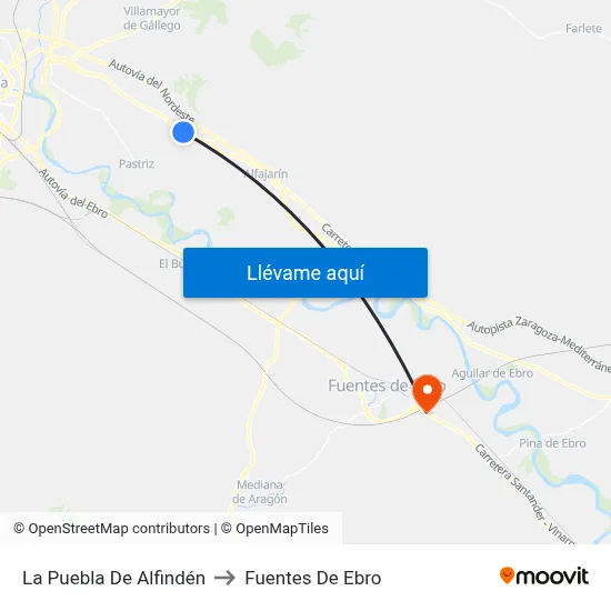 La Puebla De Alfindén to Fuentes De Ebro map