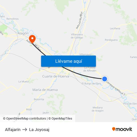Alfajarín to La Joyosaj map