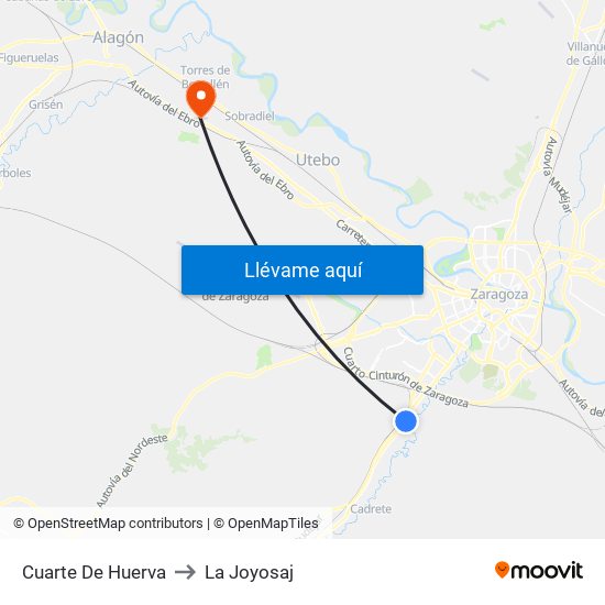 Cuarte De Huerva to La Joyosaj map