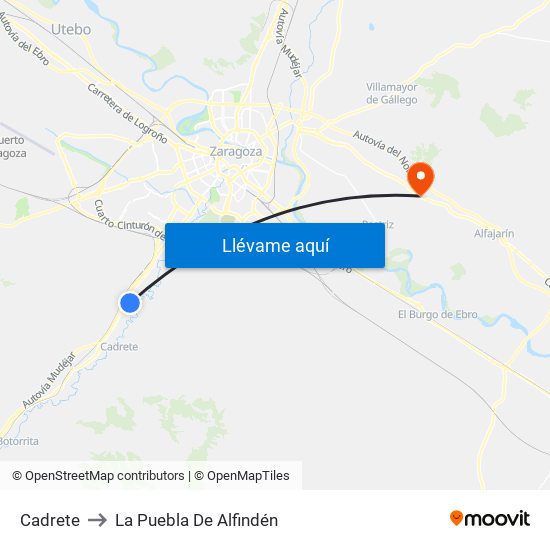 Cadrete to La Puebla De Alfindén map