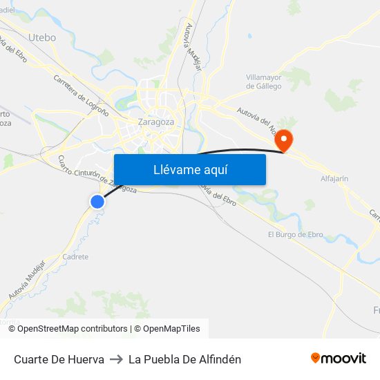 Cuarte De Huerva to La Puebla De Alfindén map