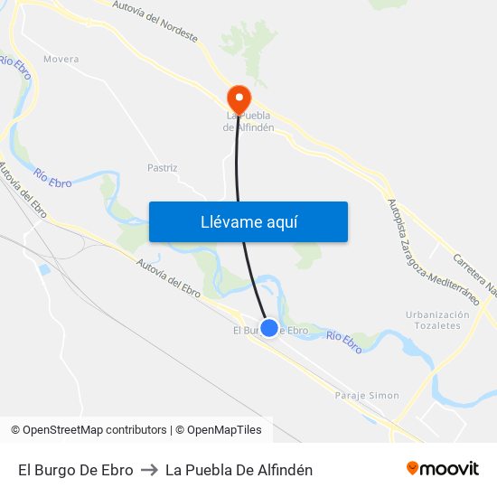 El Burgo De Ebro to La Puebla De Alfindén map