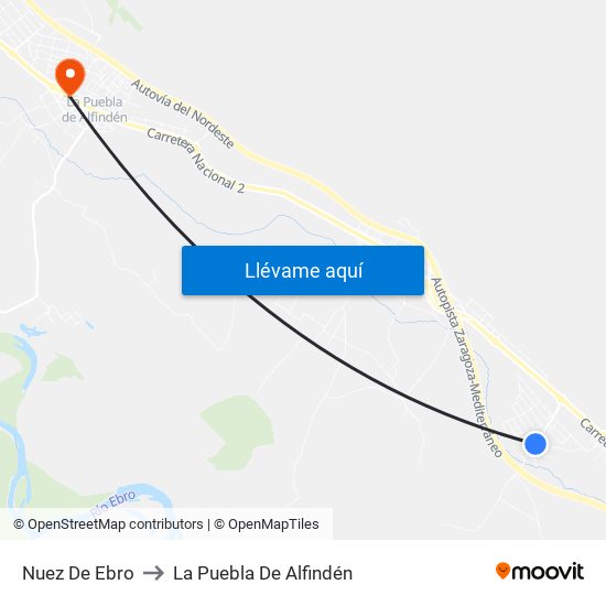Nuez De Ebro to La Puebla De Alfindén map