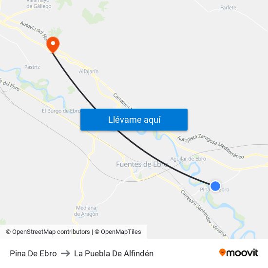 Pina De Ebro to La Puebla De Alfindén map