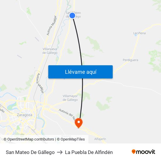 San Mateo De Gállego to La Puebla De Alfindén map