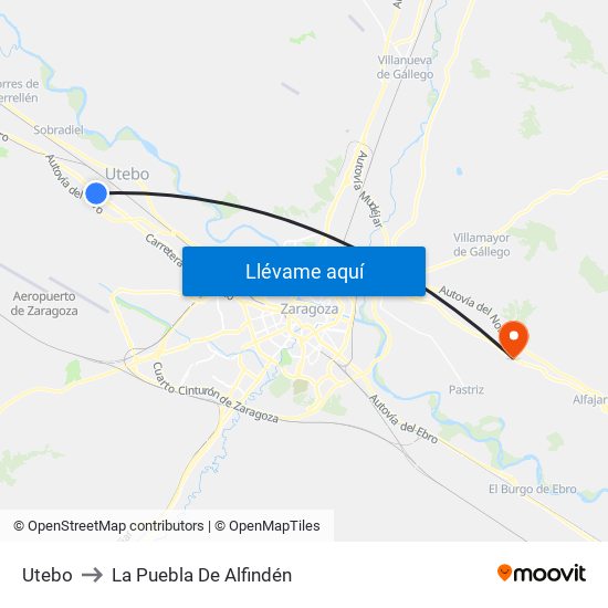 Utebo to La Puebla De Alfindén map