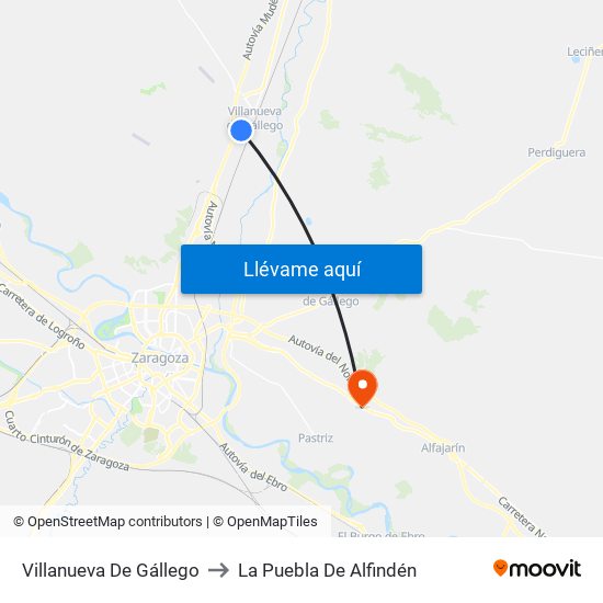 Villanueva De Gállego to La Puebla De Alfindén map