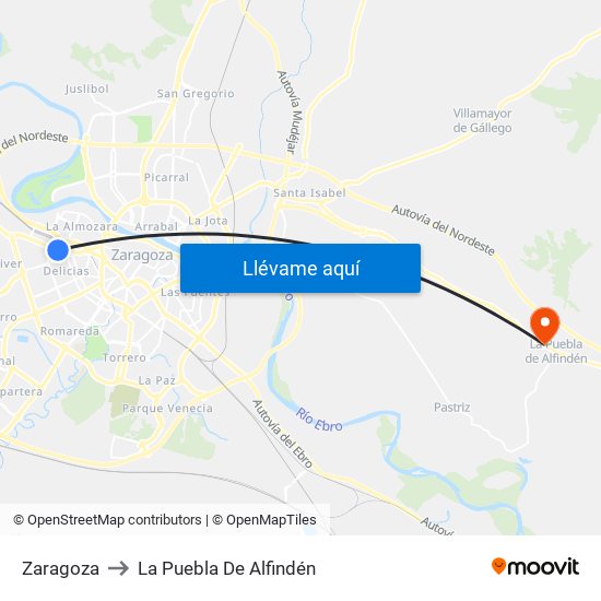 Zaragoza to La Puebla De Alfindén map