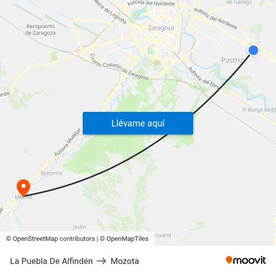 La Puebla De Alfindén to Mozota map