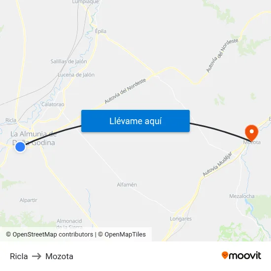 Ricla to Mozota map