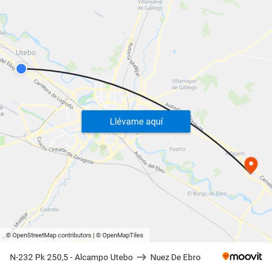 N-232 Pk 250,5 - Alcampo Utebo to Nuez De Ebro map