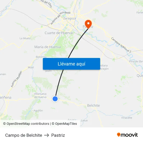 Campo de Belchite to Pastriz map