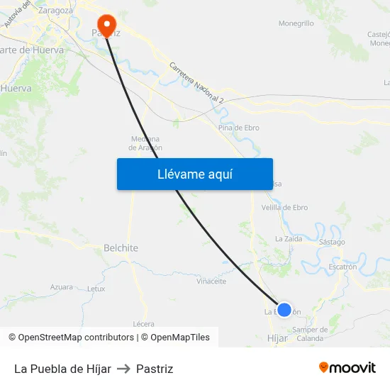 La Puebla de Híjar to Pastriz map