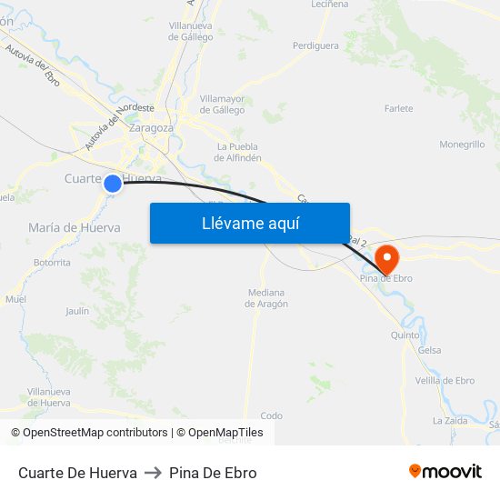 Cuarte De Huerva to Pina De Ebro map