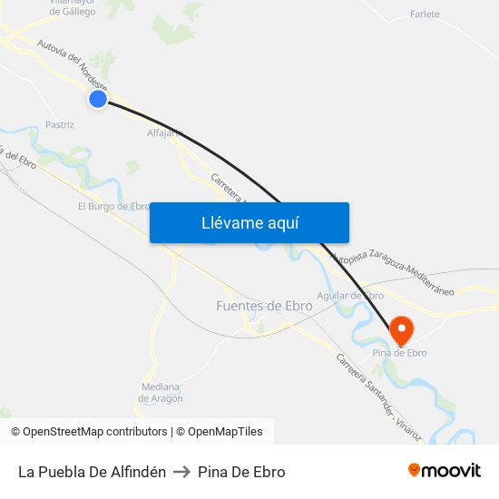 La Puebla De Alfindén to Pina De Ebro map