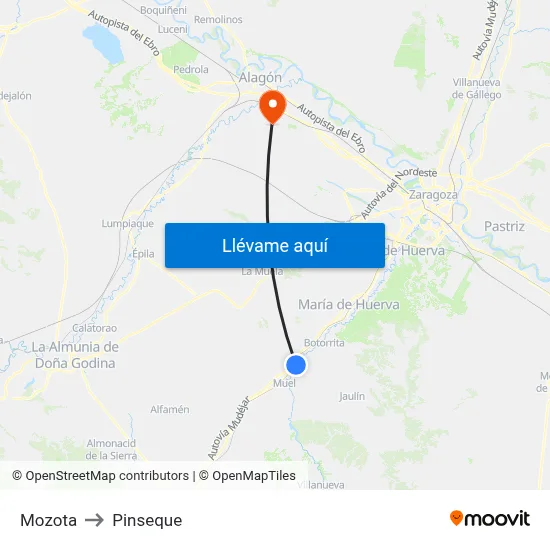 Mozota to Pinseque map