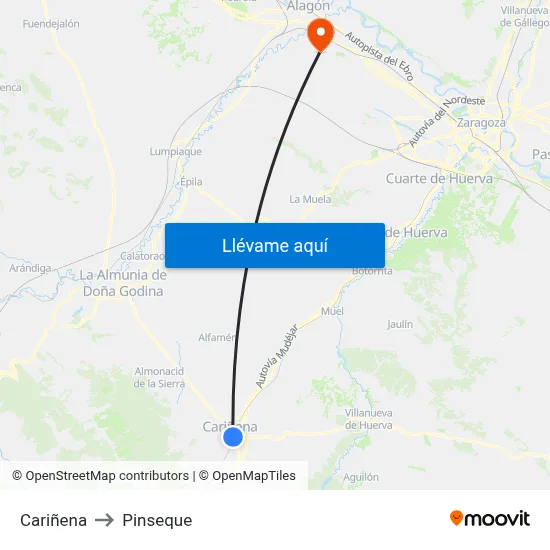 Cariñena to Pinseque map