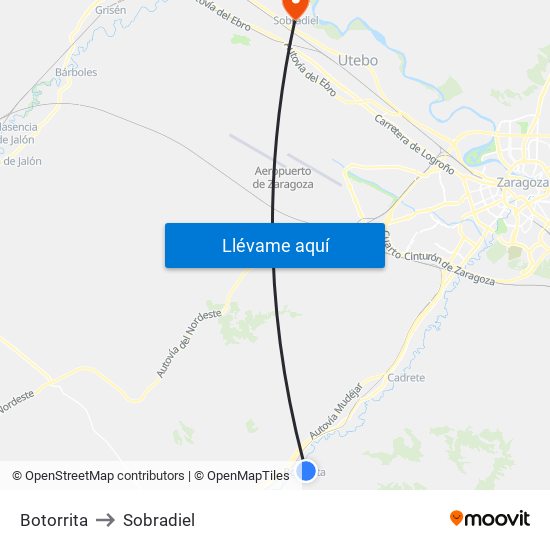 Botorrita to Sobradiel map