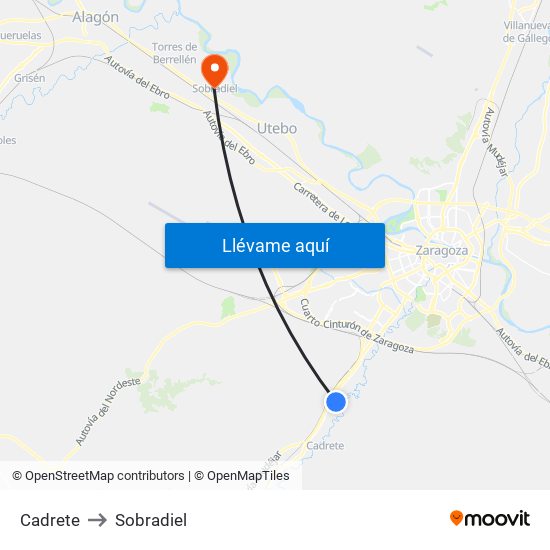 Cadrete to Sobradiel map