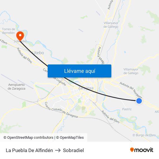 La Puebla De Alfindén to Sobradiel map
