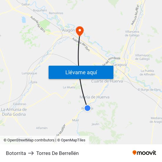 Botorrita to Torres De Berrellén map