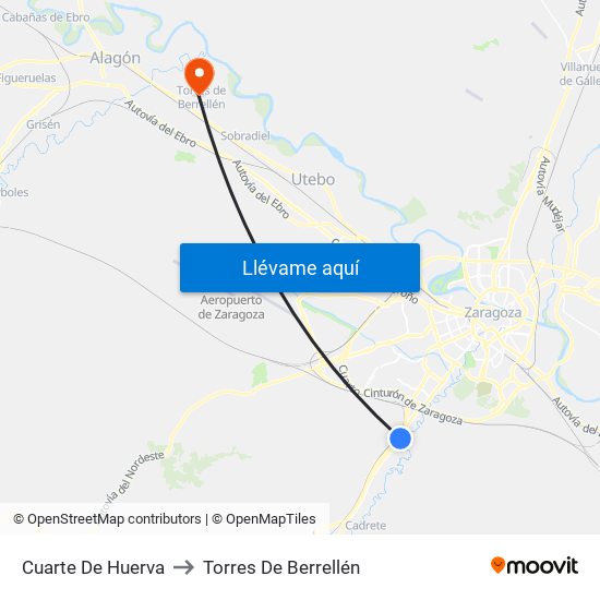 Cuarte De Huerva to Torres De Berrellén map