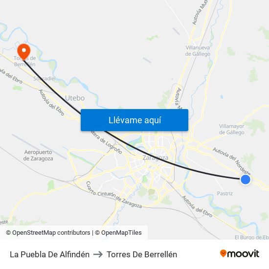 La Puebla De Alfindén to Torres De Berrellén map