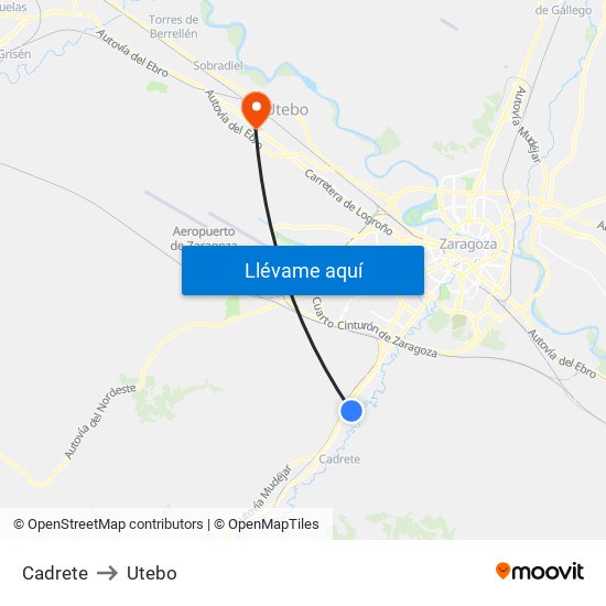 Cadrete to Utebo map