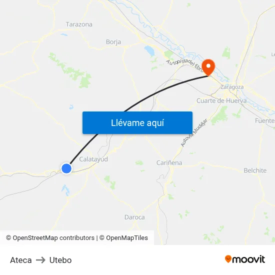 Ateca to Utebo map