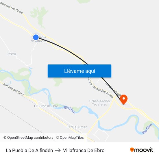 La Puebla De Alfindén to Villafranca De Ebro map