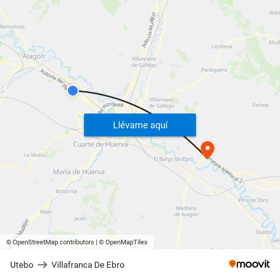 Utebo to Villafranca De Ebro map