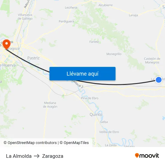 La Almolda to Zaragoza map