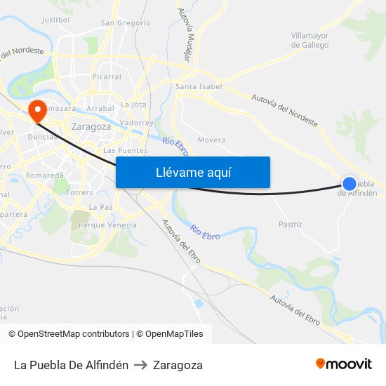 La Puebla De Alfindén to Zaragoza map