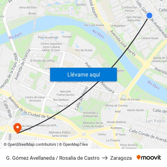 G. Gómez Avellaneda / Rosalía de Castro to Zaragoza map