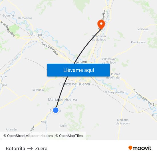 Botorrita to Zuera map