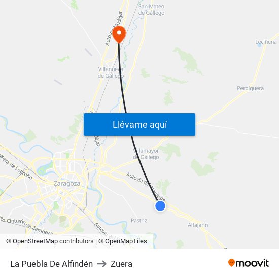 La Puebla De Alfindén to Zuera map