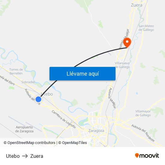 Utebo to Zuera map