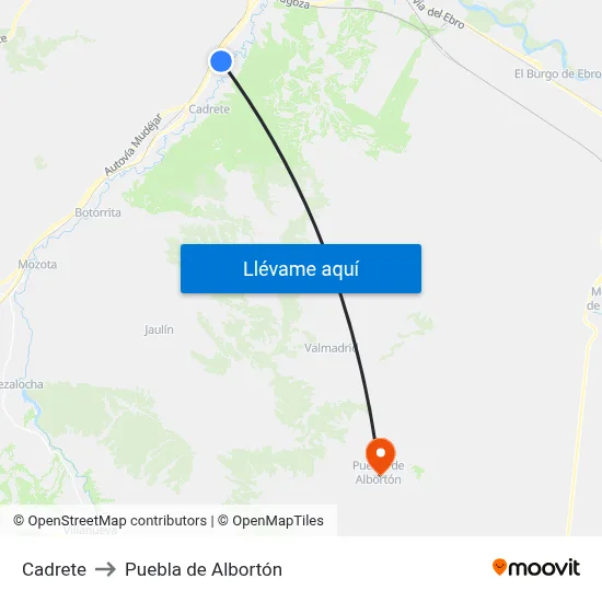 Cadrete to Puebla de Albortón map