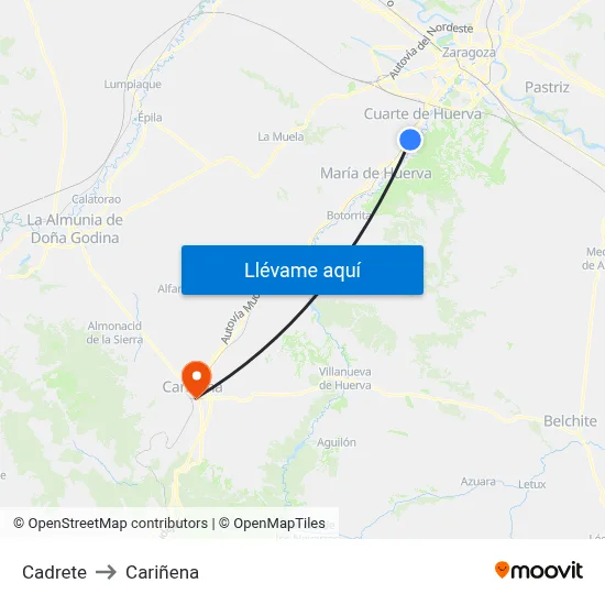 Cadrete to Cariñena map