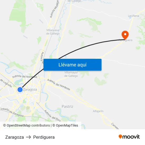 Zaragoza to Perdiguera map
