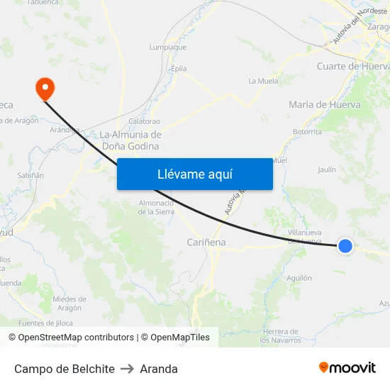 Campo de Belchite to Aranda map
