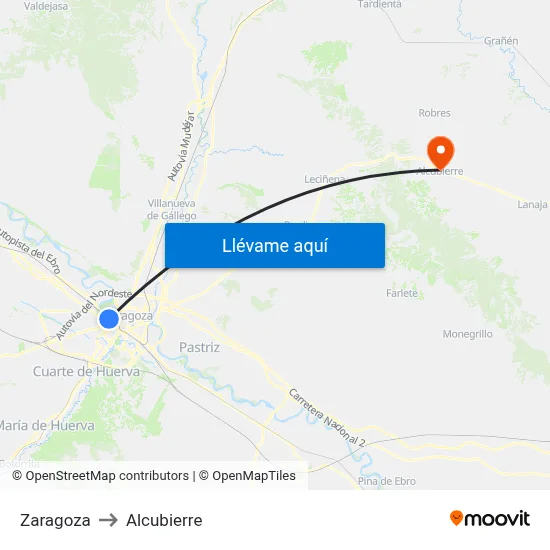 Zaragoza to Alcubierre map