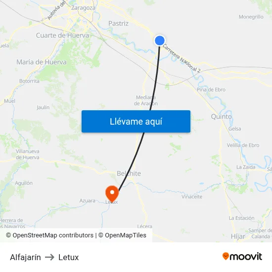 Alfajarín to Letux map