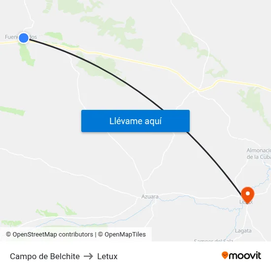 Campo de Belchite to Letux map