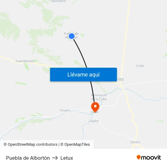 Puebla de Albortón to Letux map