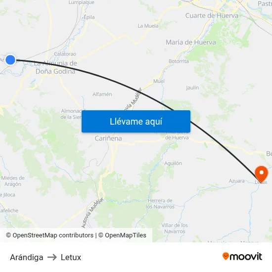 Arándiga to Letux map