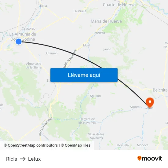 Ricla to Letux map