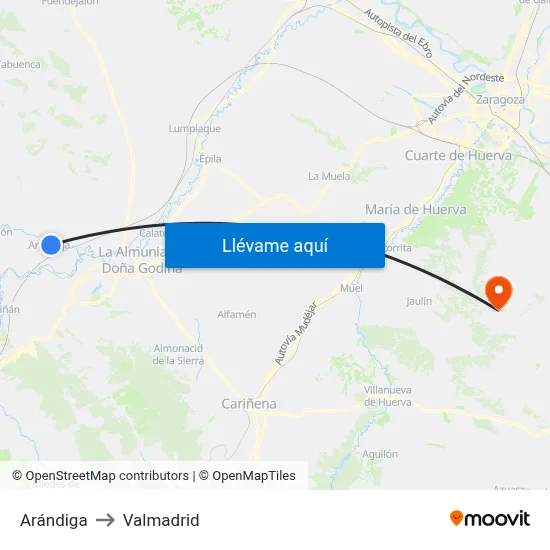 Arándiga to Valmadrid map