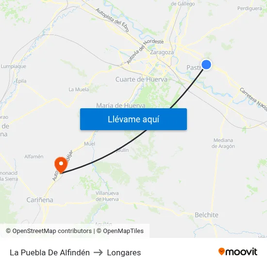 La Puebla De Alfindén to Longares map