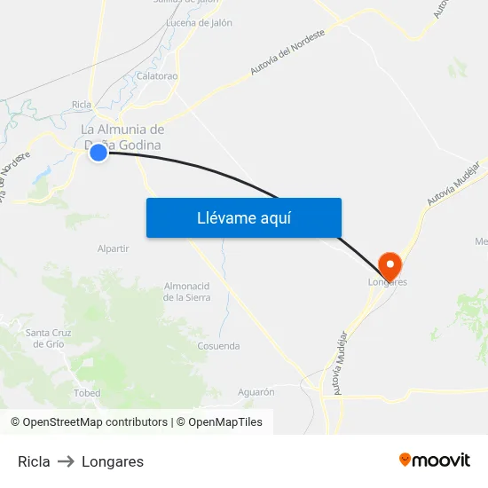 Ricla to Longares map
